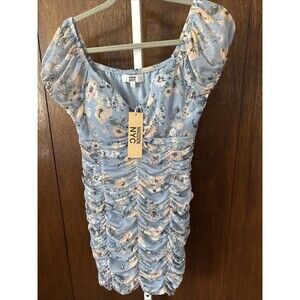NEW Madden NYC dress Sz11/13 All Over Rouching Blue Floral Stretchy Built In Bra